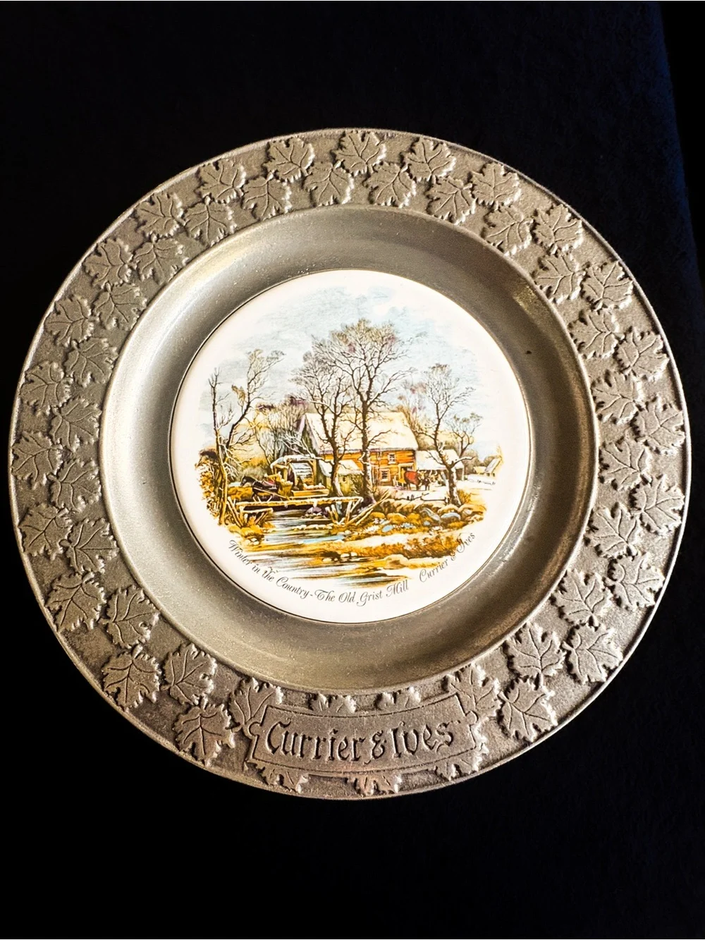 Vintage Currier & Ives Old Grist Mill Pewter Plate | Carson Freeport PA | Winter